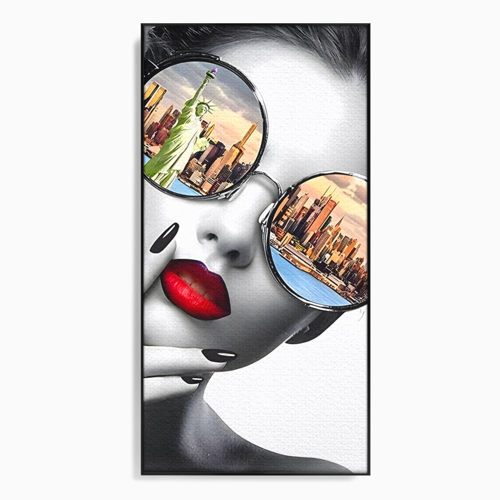 Tablou Canvas Premium LuxCanva® B1103, Privind Spre New York , Birou, America, Statuia Libertatii, Dormitor, Vacanta, Ochelari, Zgarie Nori, Culori Vibrante