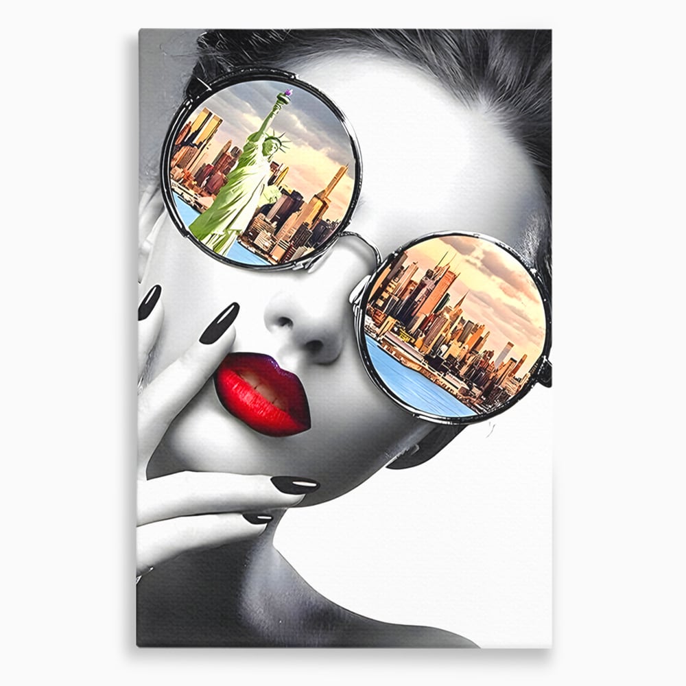 Tablou Canvas Premium LuxCanva® B1103, Privind Spre New York , Birou, America, Statuia Libertatii, Dormitor, Vacanta, Ochelari, Zgarie Nori, Culori Vibrante