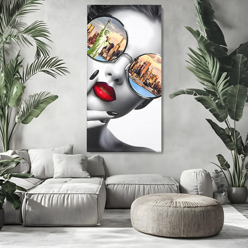Tablou Canvas Premium LuxCanva® B1103, Privind Spre New York , Birou, America, Statuia Libertatii, Dormitor, Vacanta, Ochelari, Zgarie Nori, Culori Vibrante