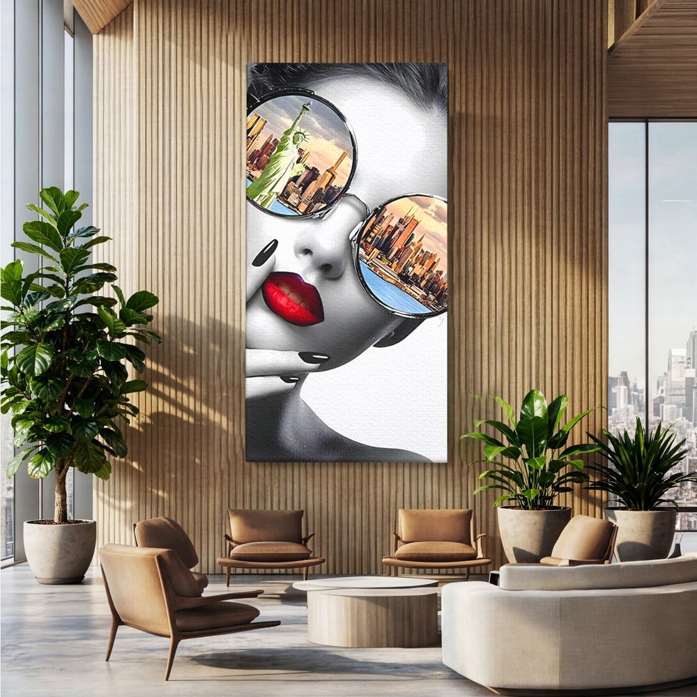 Tablou Canvas Premium LuxCanva® B1103, Privind Spre New York , Birou, America, Statuia Libertatii, Dormitor, Vacanta, Ochelari, Zgarie Nori, Culori Vibrante