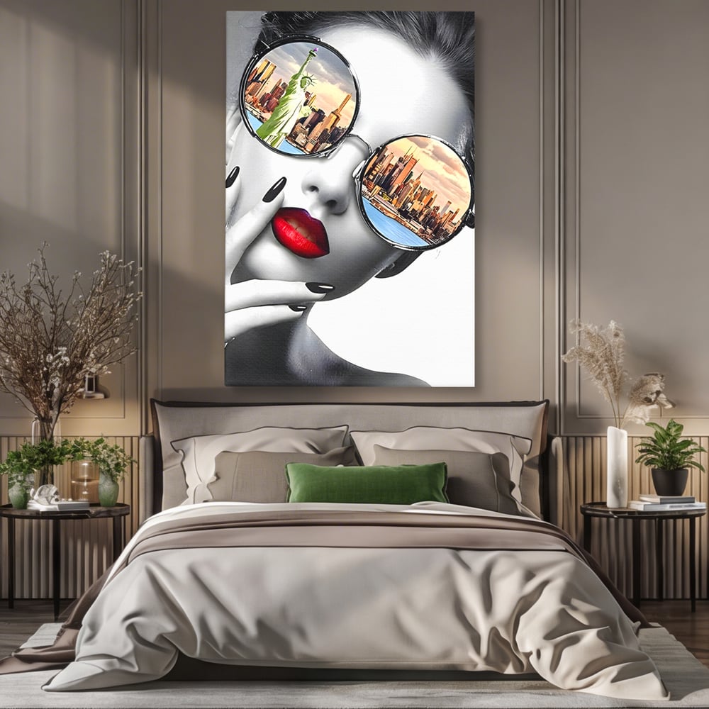 Tablou Canvas Premium LuxCanva® B1103, Privind Spre New York , Birou, America, Statuia Libertatii, Dormitor, Vacanta, Ochelari, Zgarie Nori, Culori Vibrante