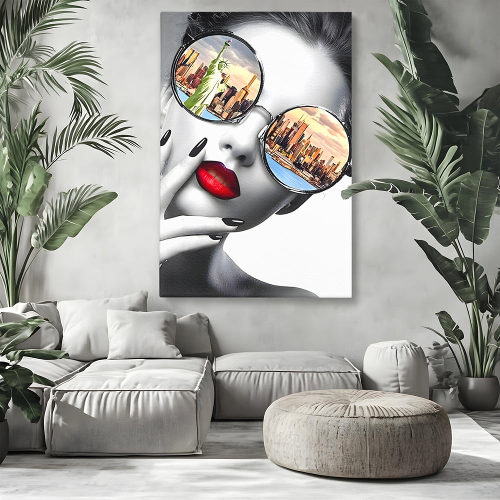 Tablou Canvas Premium LuxCanva® B1103, Privind Spre New York , Birou, America, Statuia Libertatii, Dormitor, Vacanta, Ochelari, Zgarie Nori, Culori Vibrante