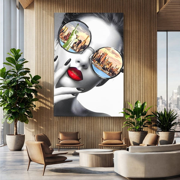 Tablou Canvas Premium LuxCanva® B1103, Privind Spre New York , Birou, America, Statuia Libertatii, Dormitor, Vacanta, Ochelari, Zgarie Nori, Culori Vibrante