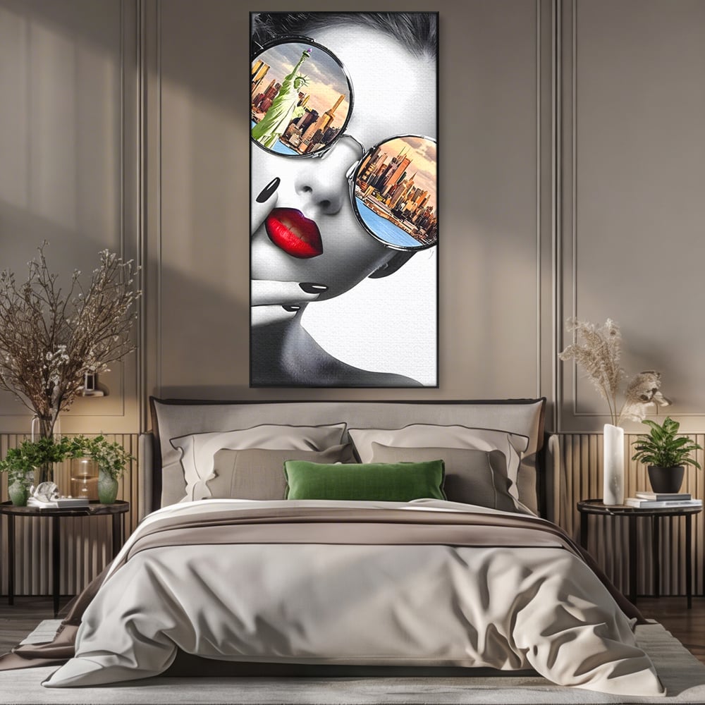 Tablou Canvas Premium LuxCanva® B1103, Privind Spre New York , Birou, America, Statuia Libertatii, Dormitor, Vacanta, Ochelari, Zgarie Nori, Culori Vibrante