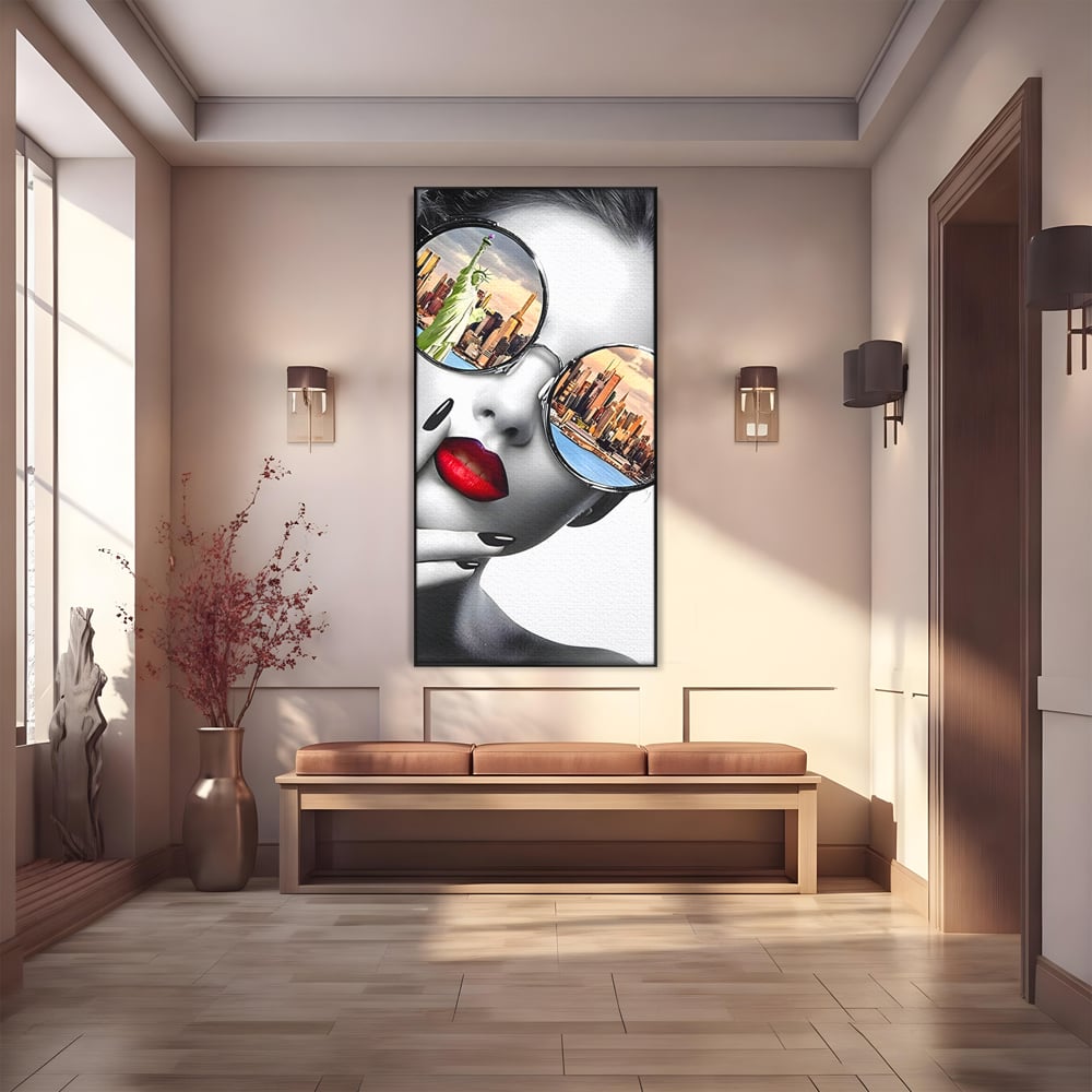 Tablou Canvas Premium LuxCanva® B1103, Privind Spre New York , Birou, America, Statuia Libertatii, Dormitor, Vacanta, Ochelari, Zgarie Nori, Culori Vibrante
