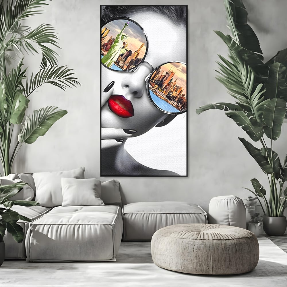 Tablou Canvas Premium LuxCanva® B1103, Privind Spre New York , Birou, America, Statuia Libertatii, Dormitor, Vacanta, Ochelari, Zgarie Nori, Culori Vibrante