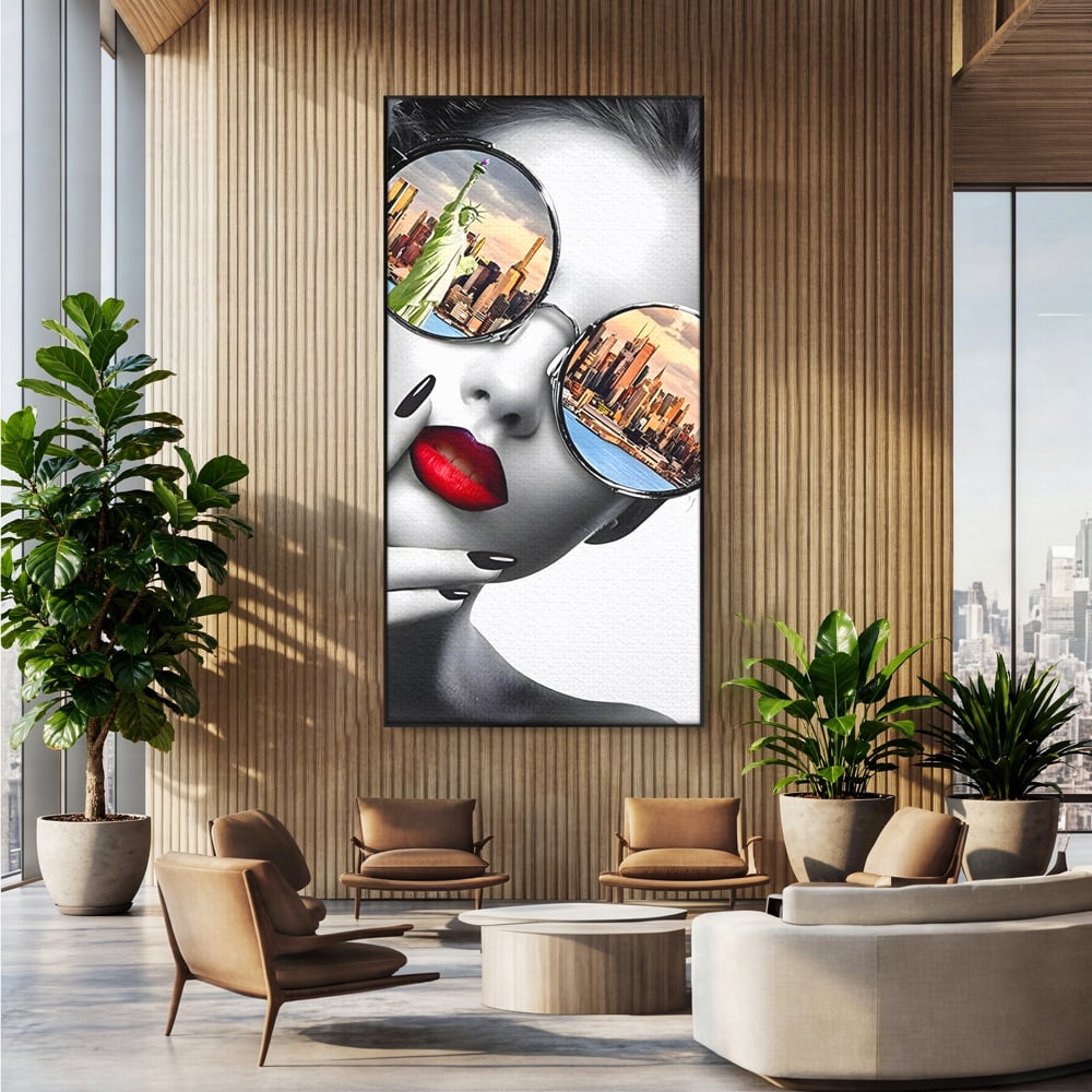 Tablou Canvas Premium LuxCanva® B1103, Privind Spre New York , Birou, America, Statuia Libertatii, Dormitor, Vacanta, Ochelari, Zgarie Nori, Culori Vibrante