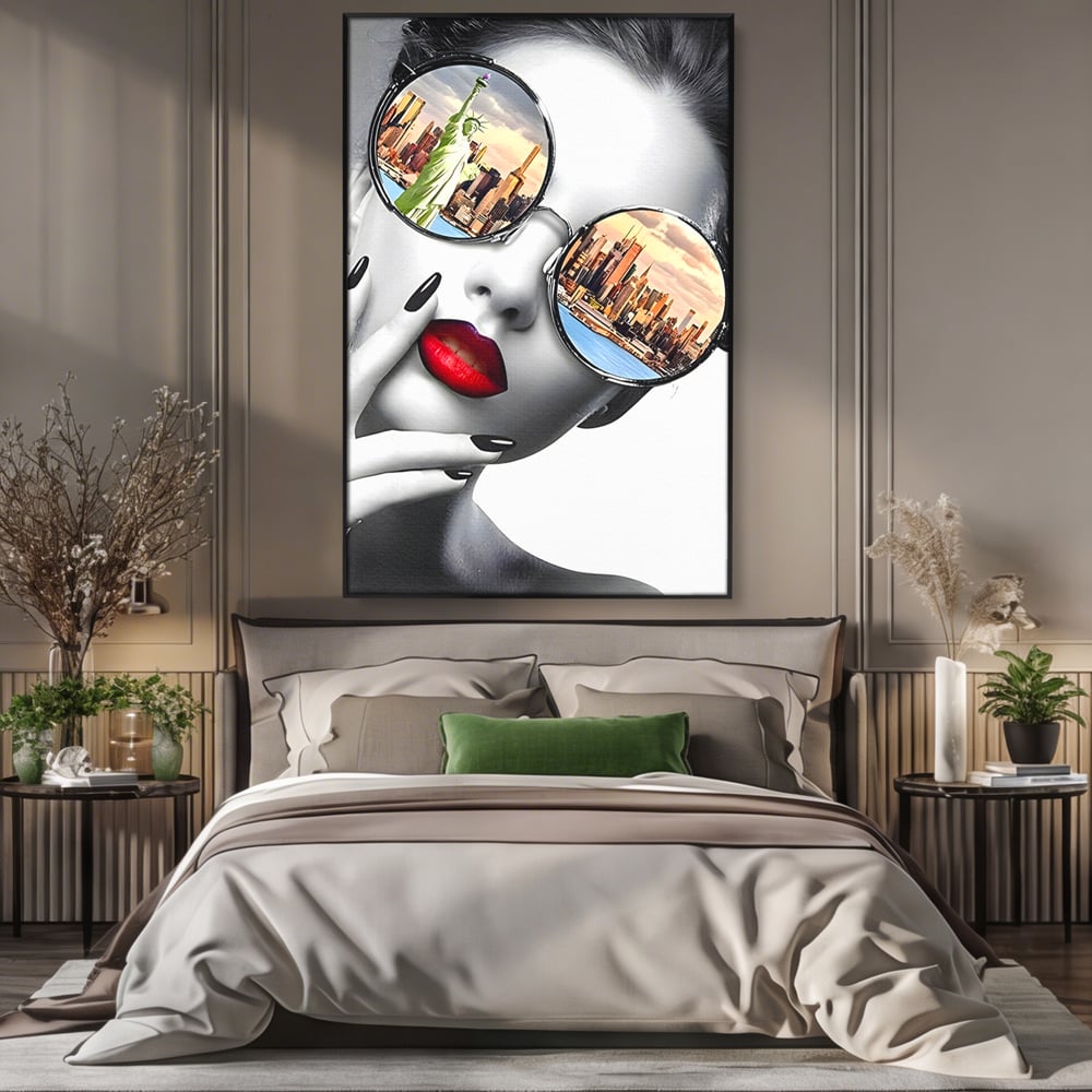 Tablou Canvas Premium LuxCanva® B1103, Privind Spre New York , Birou, America, Statuia Libertatii, Dormitor, Vacanta, Ochelari, Zgarie Nori, Culori Vibrante