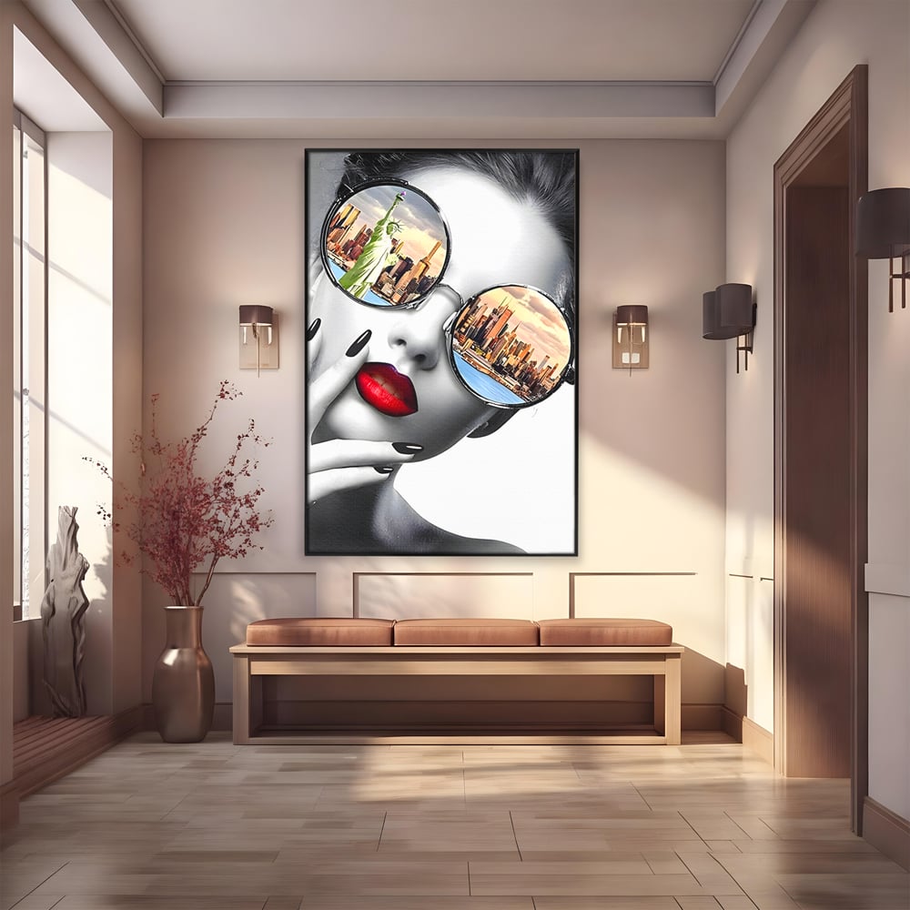 Tablou Canvas Premium LuxCanva® B1103, Privind Spre New York , Birou, America, Statuia Libertatii, Dormitor, Vacanta, Ochelari, Zgarie Nori, Culori Vibrante