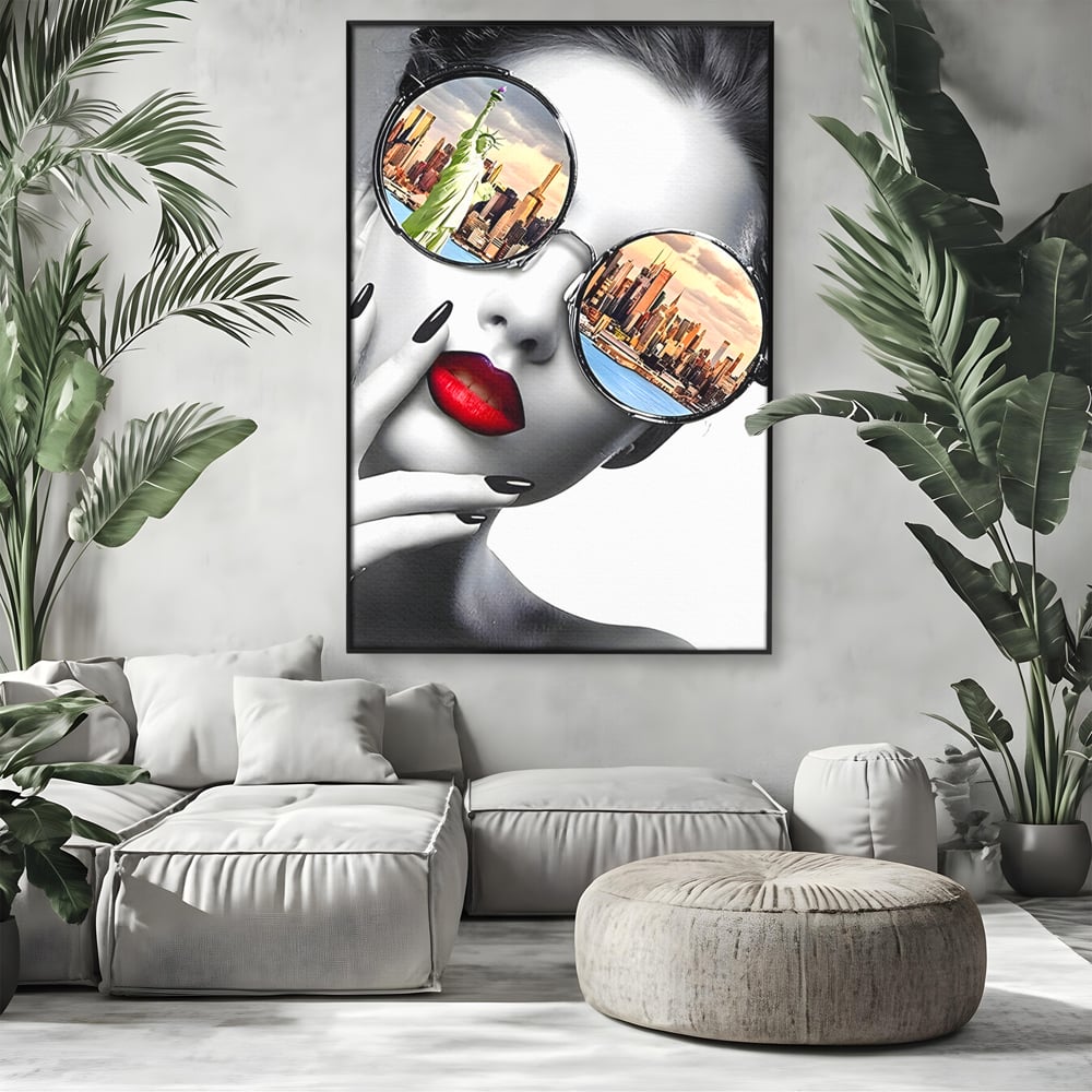 Tablou Canvas Premium LuxCanva® B1103, Privind Spre New York , Birou, America, Statuia Libertatii, Dormitor, Vacanta, Ochelari, Zgarie Nori, Culori Vibrante