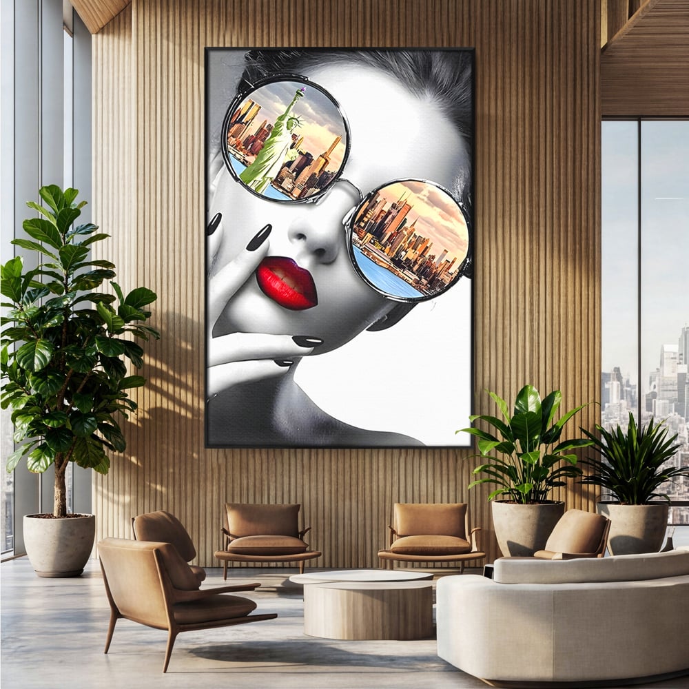 Tablou Canvas Premium LuxCanva® B1103, Privind Spre New York , Birou, America, Statuia Libertatii, Dormitor, Vacanta, Ochelari, Zgarie Nori, Culori Vibrante