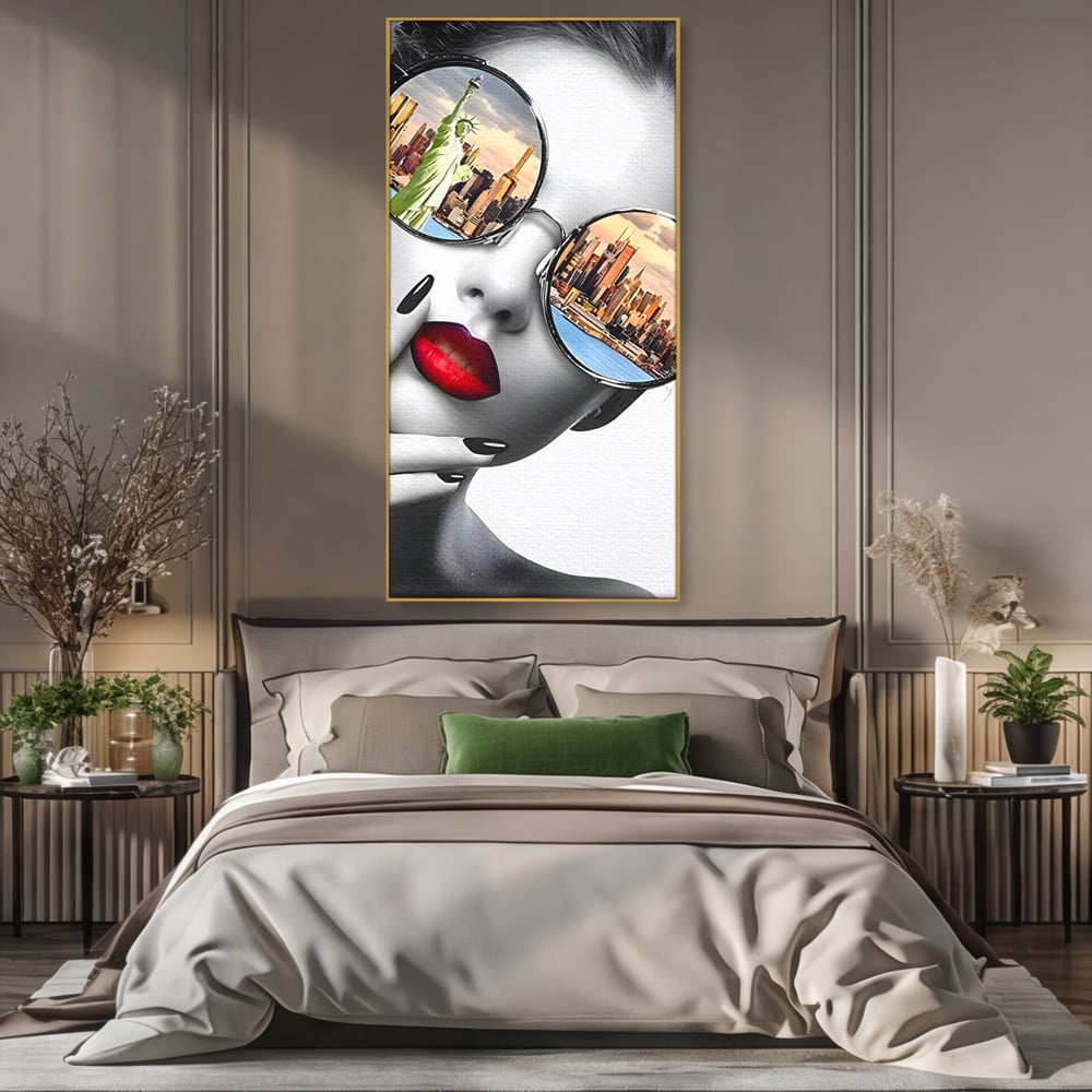 Tablou Canvas Premium LuxCanva® B1103, Privind Spre New York , Birou, America, Statuia Libertatii, Dormitor, Vacanta, Ochelari, Zgarie Nori, Culori Vibrante