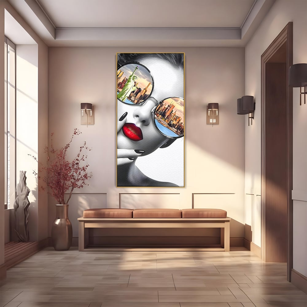 Tablou Canvas Premium LuxCanva® B1103, Privind Spre New York , Birou, America, Statuia Libertatii, Dormitor, Vacanta, Ochelari, Zgarie Nori, Culori Vibrante
