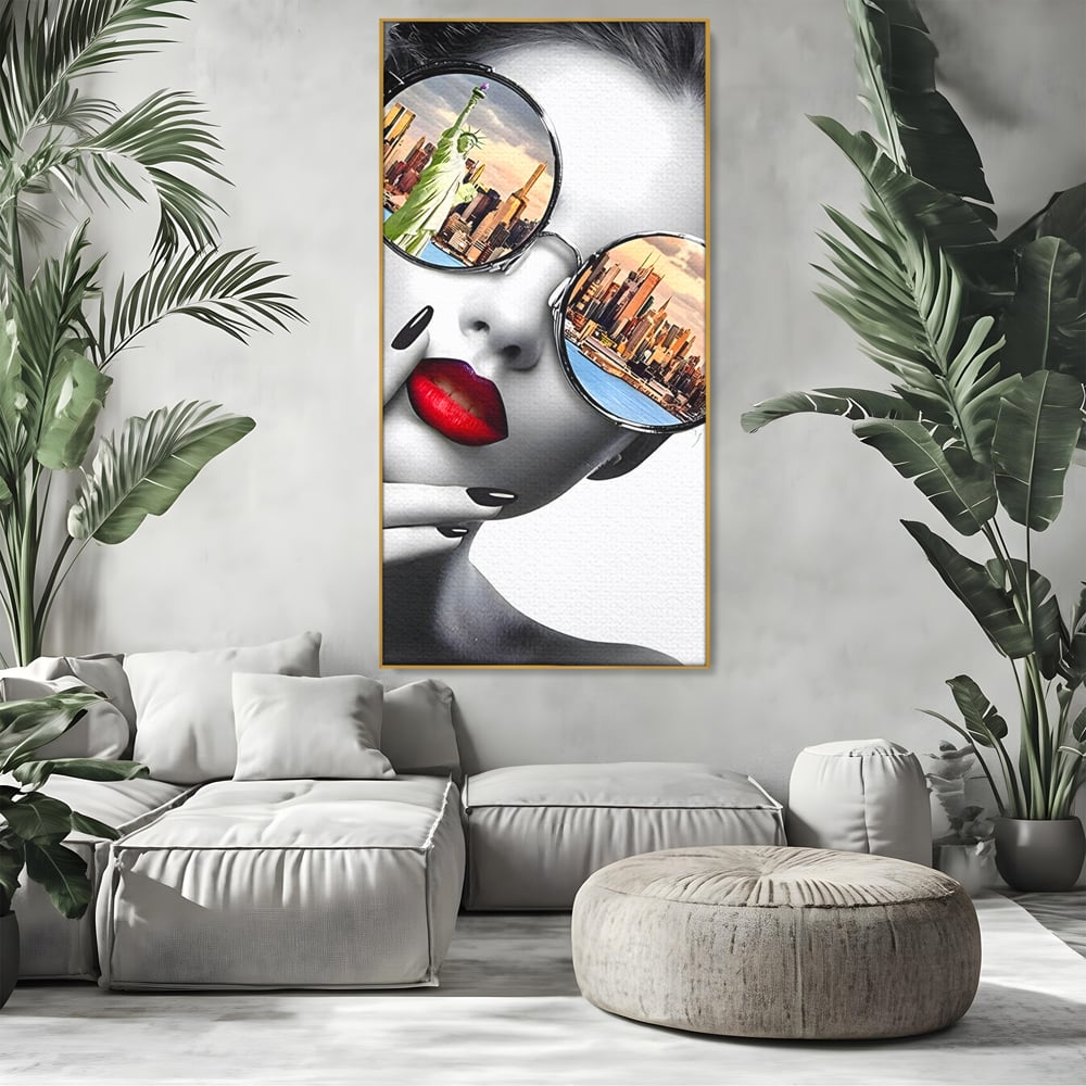Tablou Canvas Premium LuxCanva® B1103, Privind Spre New York , Birou, America, Statuia Libertatii, Dormitor, Vacanta, Ochelari, Zgarie Nori, Culori Vibrante