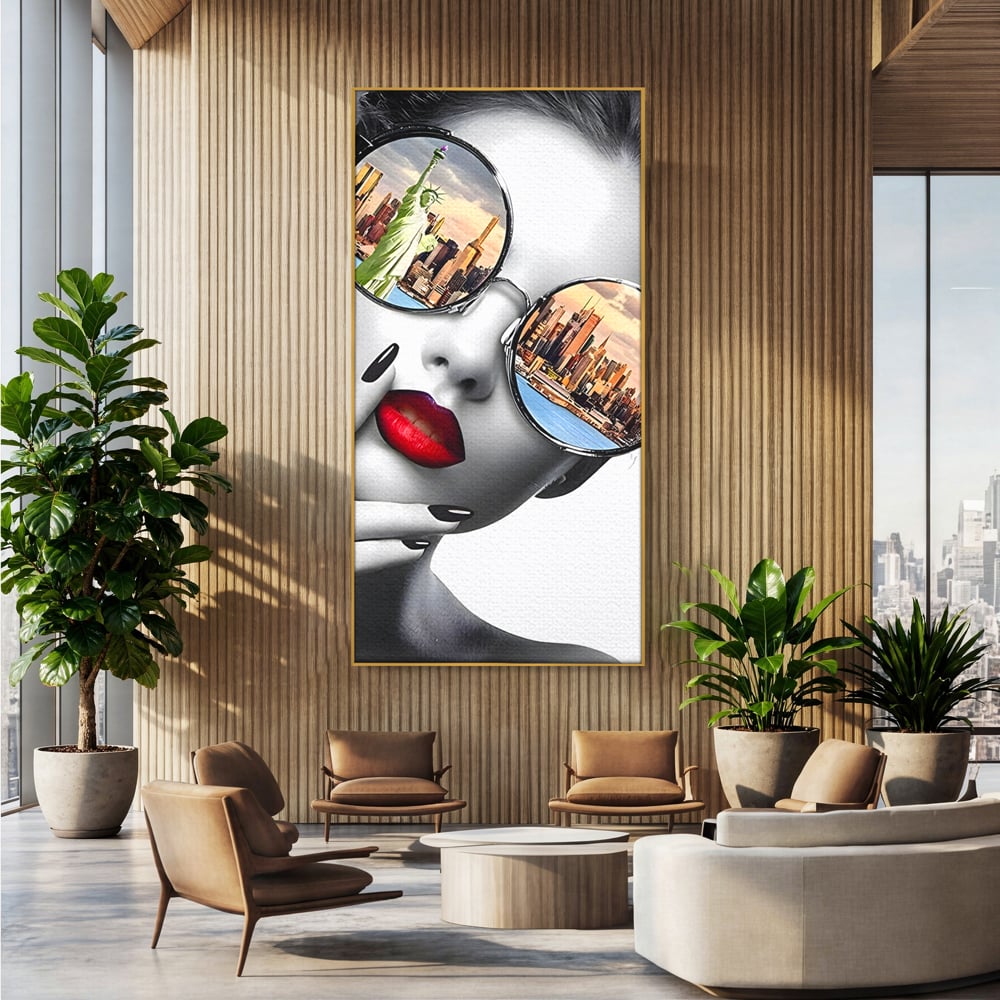 Tablou Canvas Premium LuxCanva® B1103, Privind Spre New York , Birou, America, Statuia Libertatii, Dormitor, Vacanta, Ochelari, Zgarie Nori, Culori Vibrante