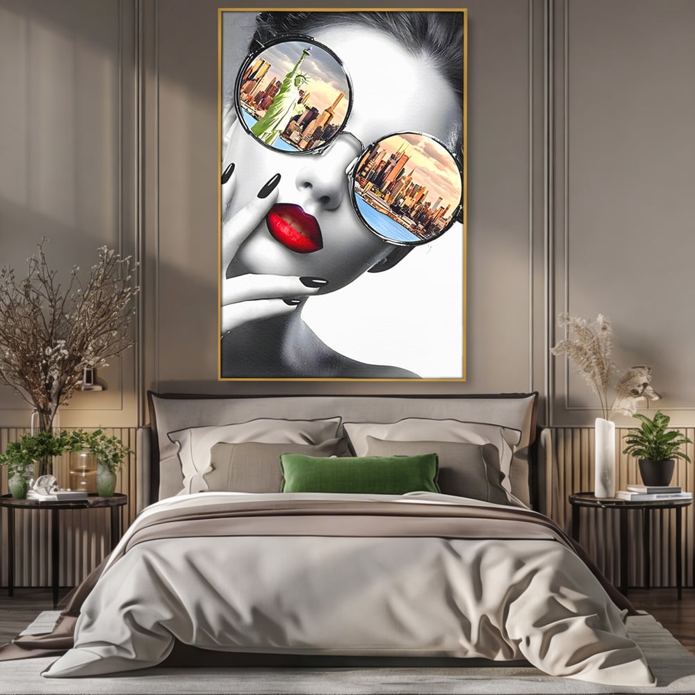 Tablou Canvas Premium LuxCanva® B1103, Privind Spre New York , Birou, America, Statuia Libertatii, Dormitor, Vacanta, Ochelari, Zgarie Nori, Culori Vibrante
