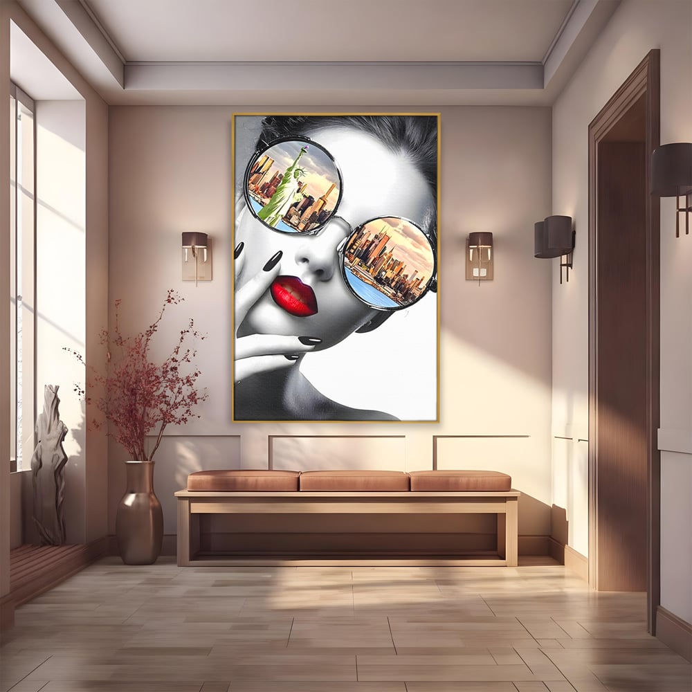 Tablou Canvas Premium LuxCanva® B1103, Privind Spre New York , Birou, America, Statuia Libertatii, Dormitor, Vacanta, Ochelari, Zgarie Nori, Culori Vibrante