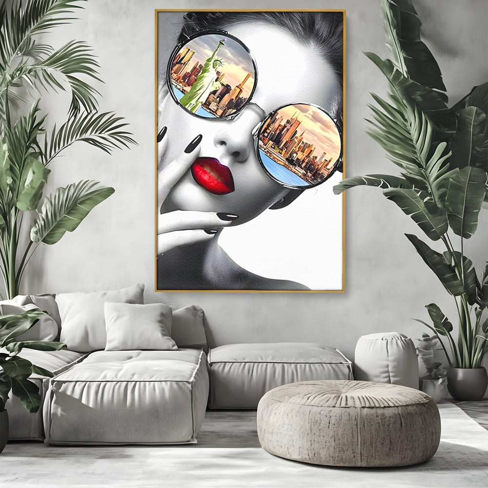 Tablou Canvas Premium LuxCanva® B1103, Privind Spre New York , Birou, America, Statuia Libertatii, Dormitor, Vacanta, Ochelari, Zgarie Nori, Culori Vibrante