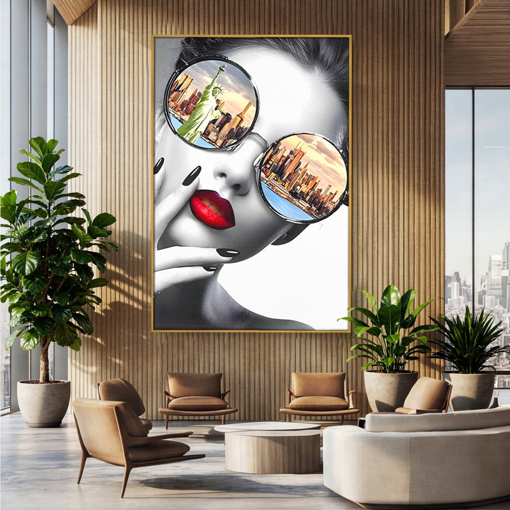 Tablou Canvas Premium LuxCanva® B1103, Privind Spre New York , Birou, America, Statuia Libertatii, Dormitor, Vacanta, Ochelari, Zgarie Nori, Culori Vibrante
