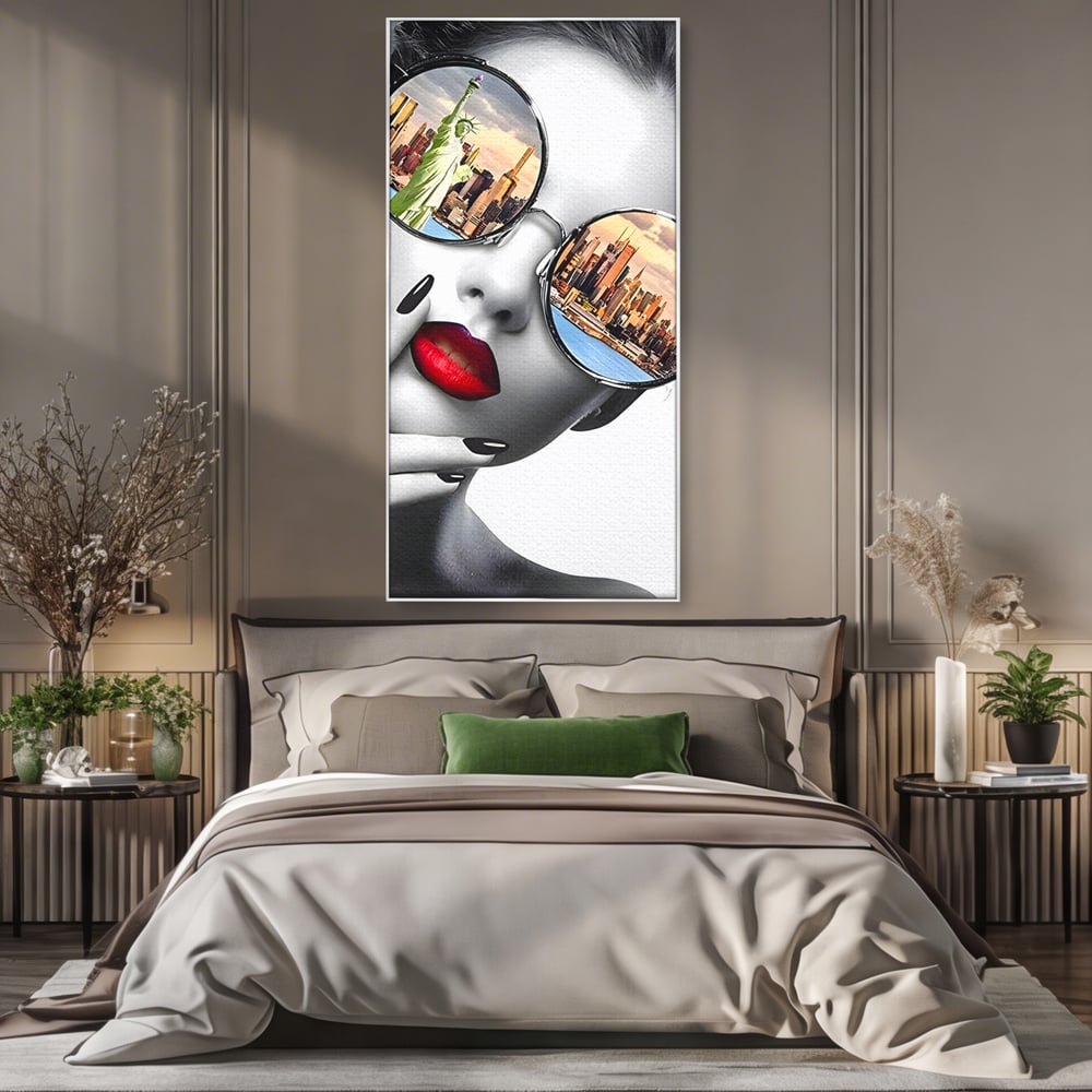Tablou Canvas Premium LuxCanva® B1103, Privind Spre New York , Birou, America, Statuia Libertatii, Dormitor, Vacanta, Ochelari, Zgarie Nori, Culori Vibrante