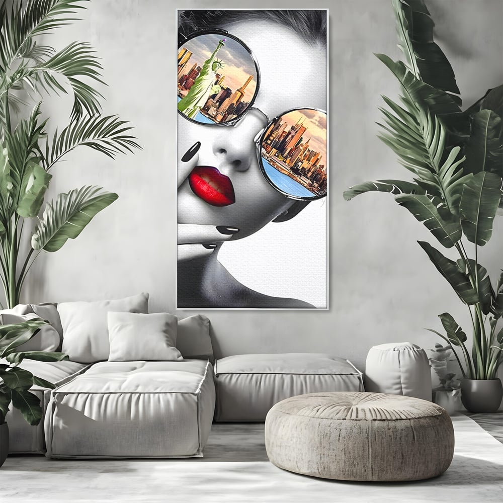 Tablou Canvas Premium LuxCanva® B1103, Privind Spre New York , Birou, America, Statuia Libertatii, Dormitor, Vacanta, Ochelari, Zgarie Nori, Culori Vibrante