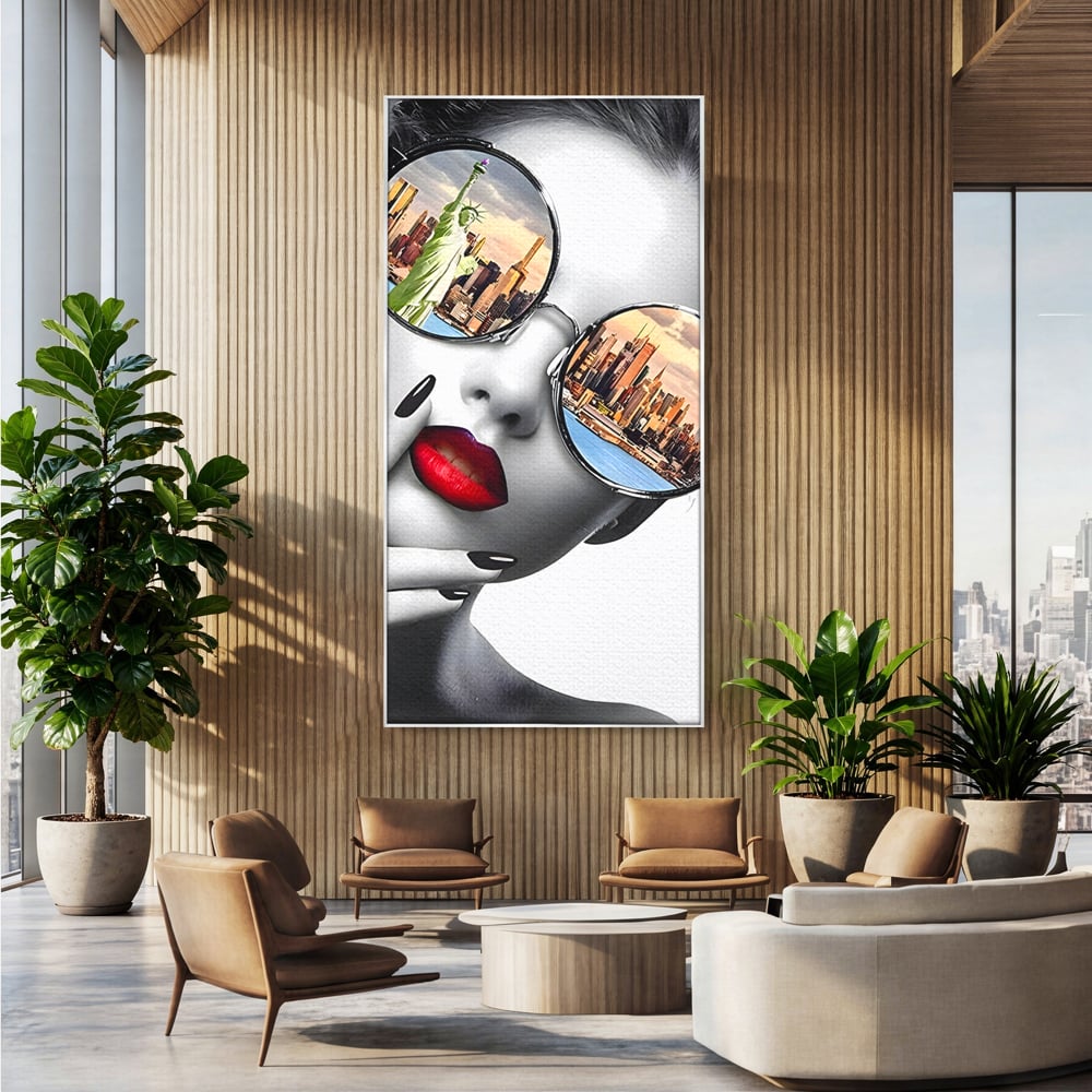 Tablou Canvas Premium LuxCanva® B1103, Privind Spre New York , Birou, America, Statuia Libertatii, Dormitor, Vacanta, Ochelari, Zgarie Nori, Culori Vibrante
