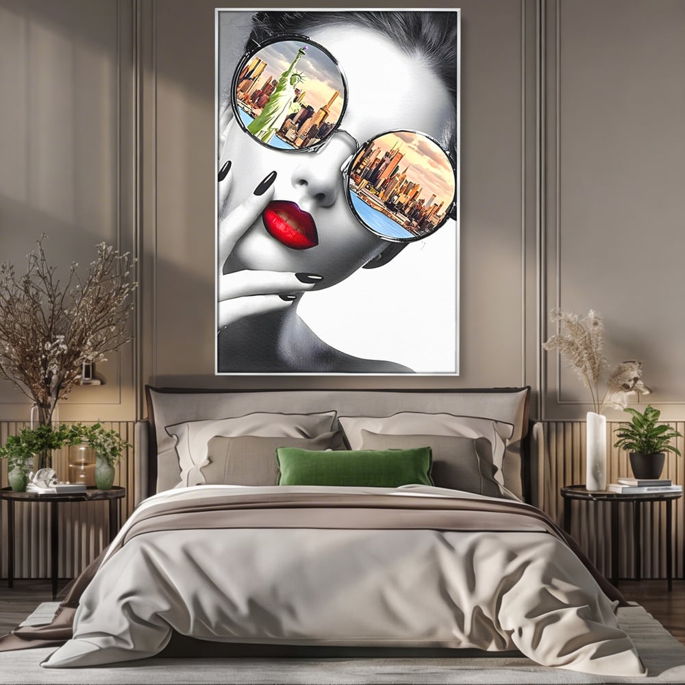 Tablou Canvas Premium LuxCanva® B1103, Privind Spre New York , Birou, America, Statuia Libertatii, Dormitor, Vacanta, Ochelari, Zgarie Nori, Culori Vibrante