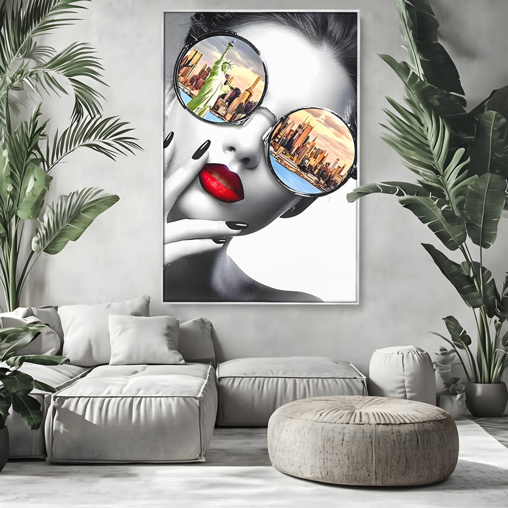 Tablou Canvas Premium LuxCanva® B1103, Privind Spre New York , Birou, America, Statuia Libertatii, Dormitor, Vacanta, Ochelari, Zgarie Nori, Culori Vibrante