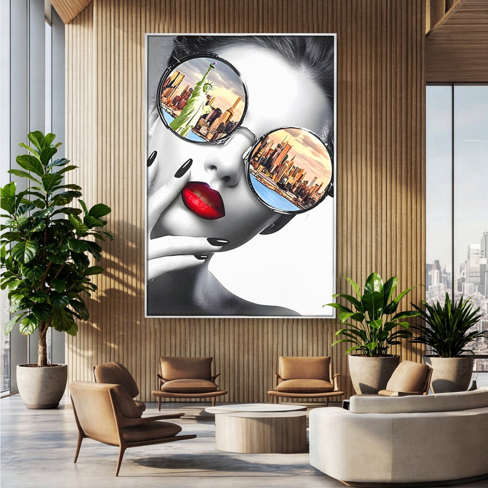 Tablou Canvas Premium LuxCanva® B1103, Privind Spre New York , Birou, America, Statuia Libertatii, Dormitor, Vacanta, Ochelari, Zgarie Nori, Culori Vibrante