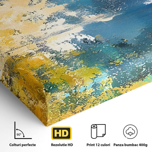 Tablou Canvas Premium LuxCanva® B1104, Mare Abstracta , Living, Liniste, Foite Aurii, Albastru, Decor, Mare, Apa, Culori Vibrante
