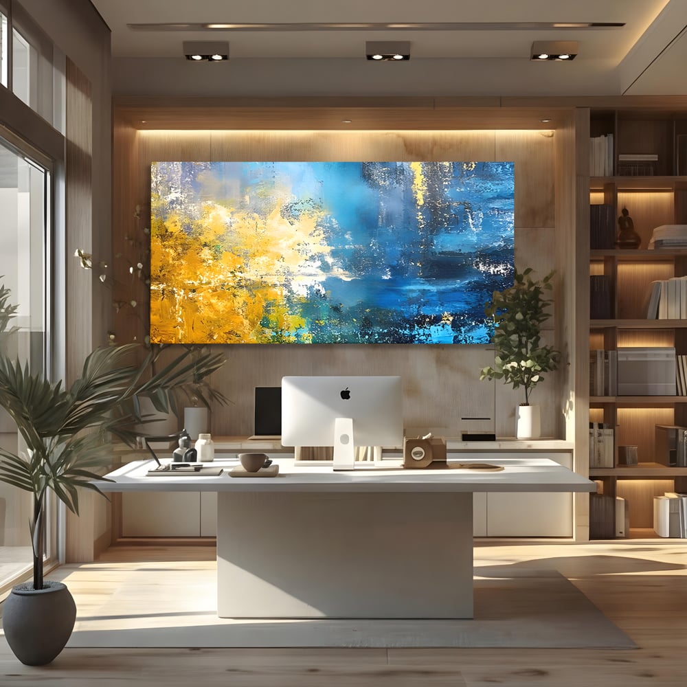 Tablou Canvas Premium LuxCanva® B1104, Mare Abstracta , Living, Liniste, Foite Aurii, Albastru, Decor, Mare, Apa, Culori Vibrante