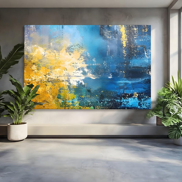 Tablou Canvas Premium LuxCanva® B1104, Mare Abstracta , Living, Liniste, Foite Aurii, Albastru, Decor, Mare, Apa, Culori Vibrante