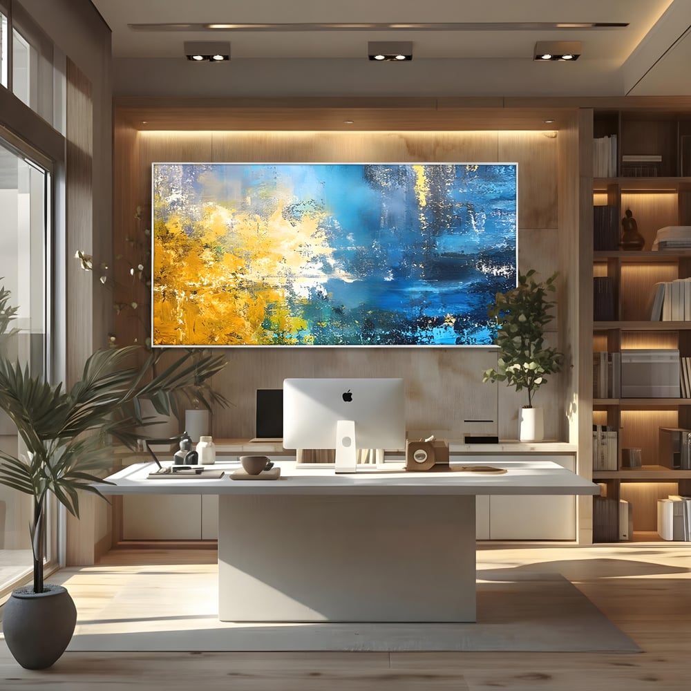 Tablou Canvas Premium LuxCanva® B1104, Mare Abstracta , Living, Liniste, Foite Aurii, Albastru, Decor, Mare, Apa, Culori Vibrante