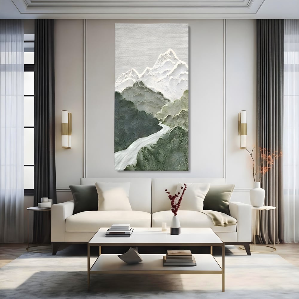 Tablou Canvas Premium LuxCanva® B1107, Green Mountains , Living, Decorativ, Abstract, Munti, Alb, Verde, Natura, Colorat