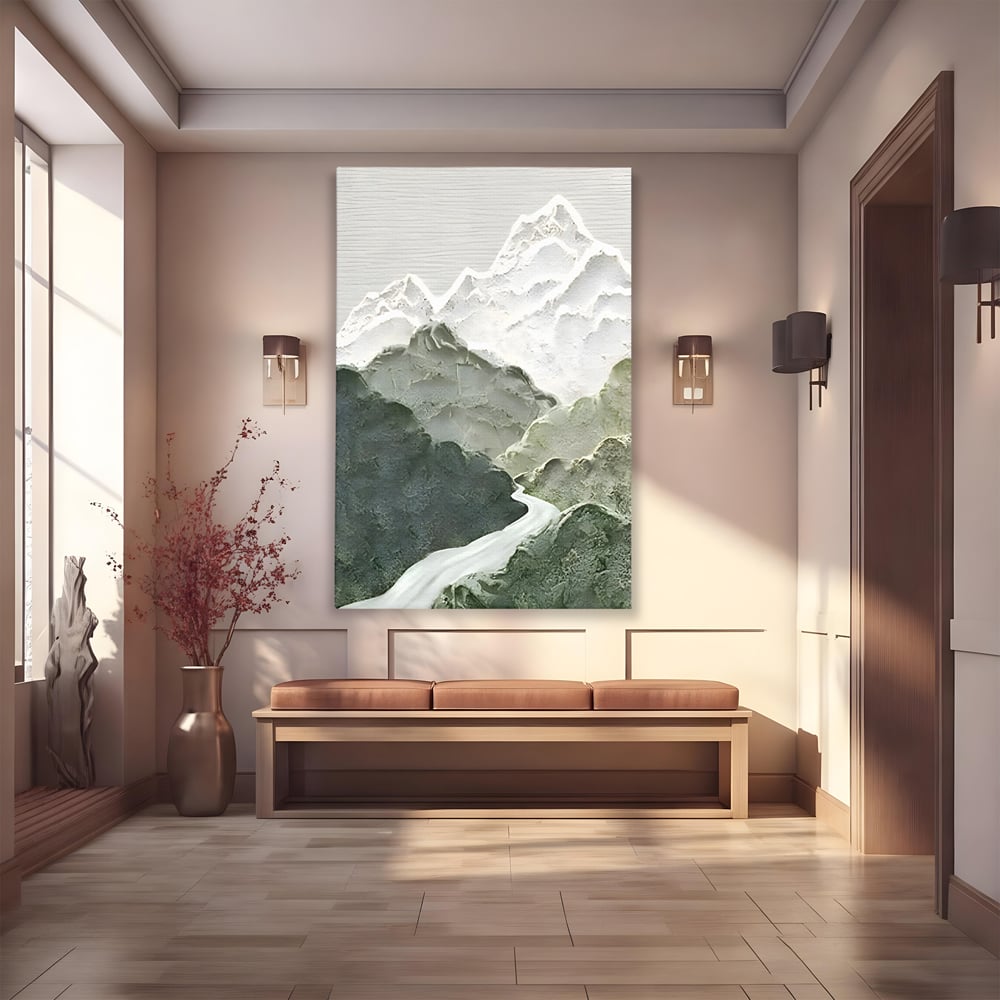 Tablou Canvas Premium LuxCanva® B1107, Green Mountains , Living, Decorativ, Abstract, Munti, Alb, Verde, Natura, Colorat