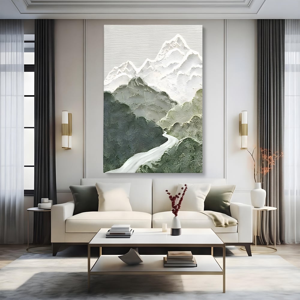 Tablou Canvas Premium LuxCanva® B1107, Green Mountains , Living, Decorativ, Abstract, Munti, Alb, Verde, Natura, Colorat