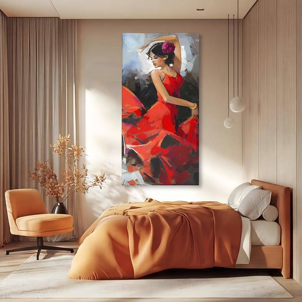 Tablou Canvas Premium LuxCanva® B1112, Dansul Unei Balerine In Rochie Rosie , Living, Balerina, Dansatoare, Scena, Balet, Arta, Dormitor, Dans, Culori Vibrante