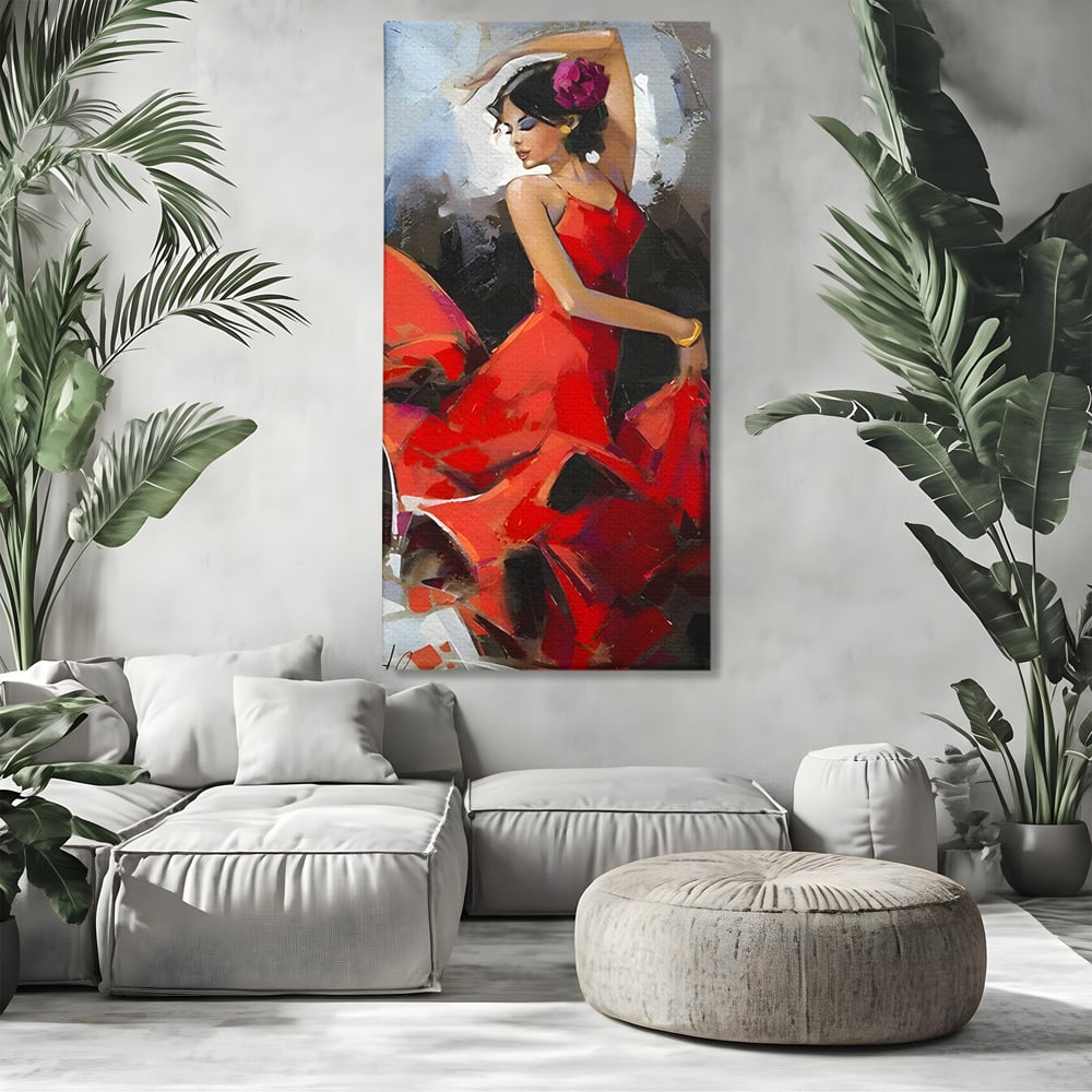 Tablou Canvas Premium LuxCanva® B1112, Dansul Unei Balerine In Rochie Rosie , Living, Balerina, Dansatoare, Scena, Balet, Arta, Dormitor, Dans, Culori Vibrante
