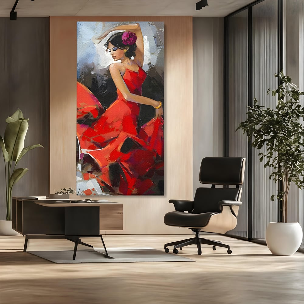 Tablou Canvas Premium LuxCanva® B1112, Dansul Unei Balerine In Rochie Rosie , Living, Balerina, Dansatoare, Scena, Balet, Arta, Dormitor, Dans, Culori Vibrante