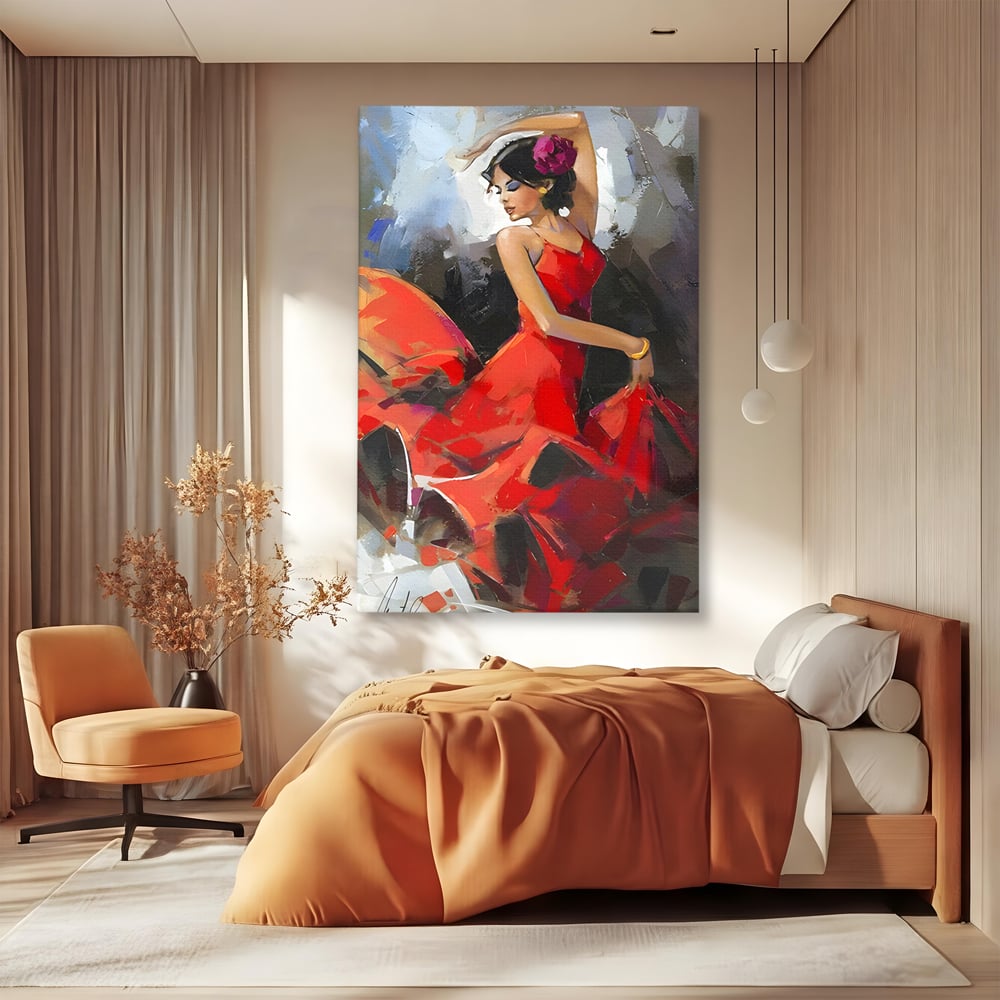 Tablou Canvas Premium LuxCanva® B1112, Dansul Unei Balerine In Rochie Rosie , Living, Balerina, Dansatoare, Scena, Balet, Arta, Dormitor, Dans, Culori Vibrante