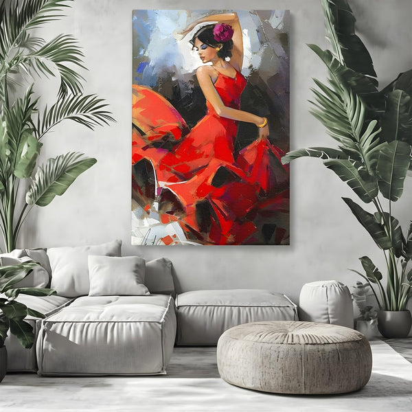 Tablou Canvas Premium LuxCanva® B1112, Dansul Unei Balerine In Rochie Rosie , Living, Balerina, Dansatoare, Scena, Balet, Arta, Dormitor, Dans, Culori Vibrante