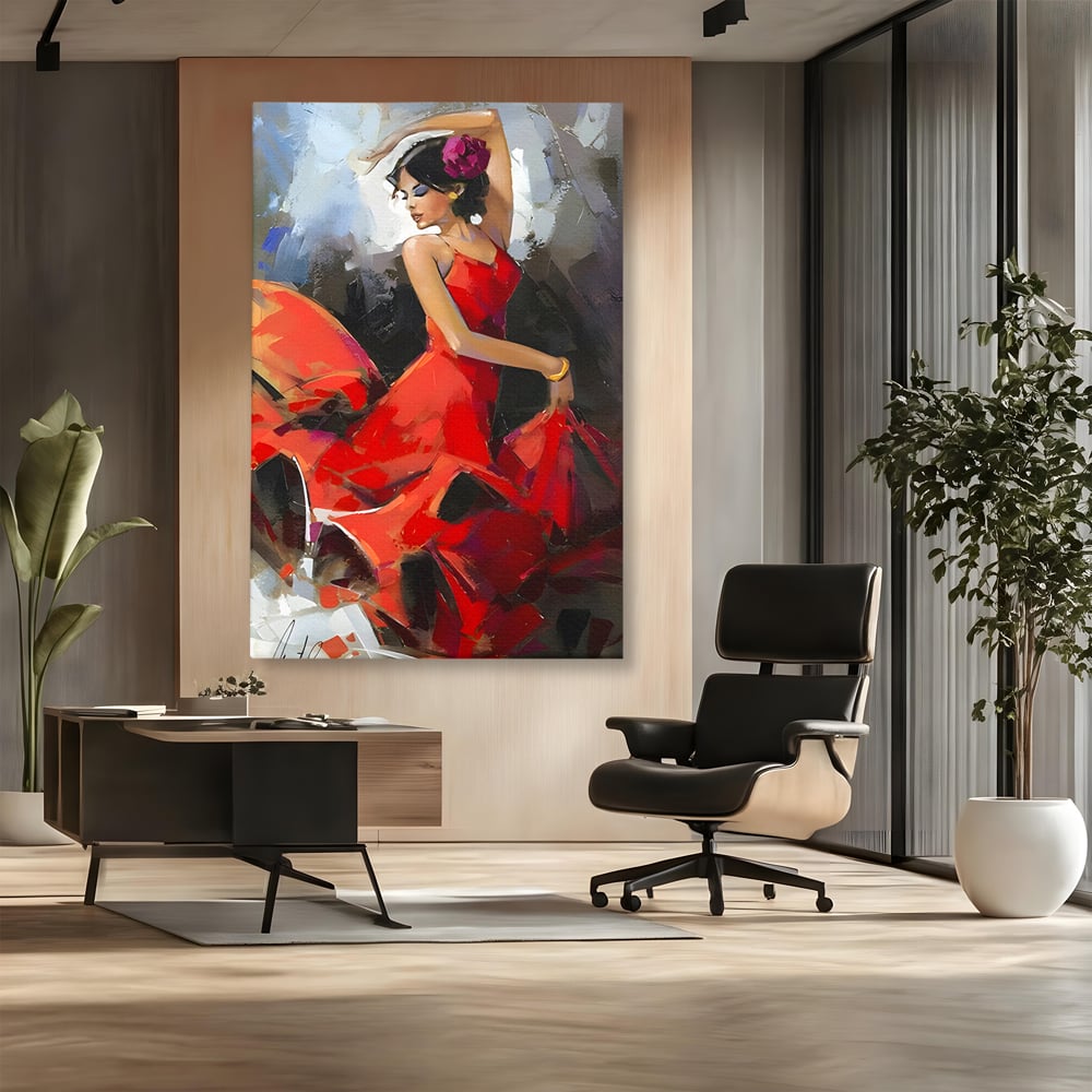 Tablou Canvas Premium LuxCanva® B1112, Dansul Unei Balerine In Rochie Rosie , Living, Balerina, Dansatoare, Scena, Balet, Arta, Dormitor, Dans, Culori Vibrante