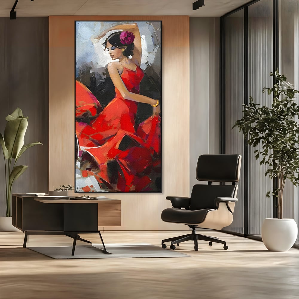 Tablou Canvas Premium LuxCanva® B1112, Dansul Unei Balerine In Rochie Rosie , Living, Balerina, Dansatoare, Scena, Balet, Arta, Dormitor, Dans, Culori Vibrante