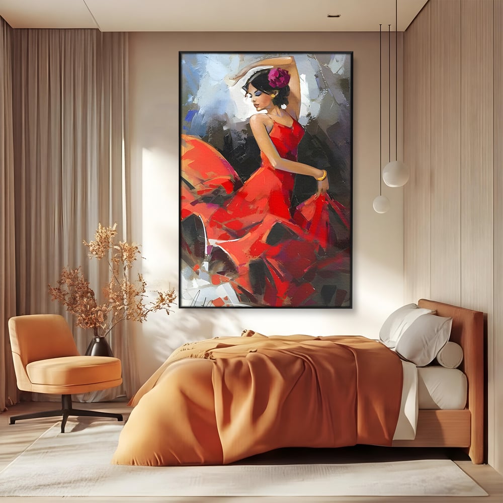 Tablou Canvas Premium LuxCanva® B1112, Dansul Unei Balerine In Rochie Rosie , Living, Balerina, Dansatoare, Scena, Balet, Arta, Dormitor, Dans, Culori Vibrante