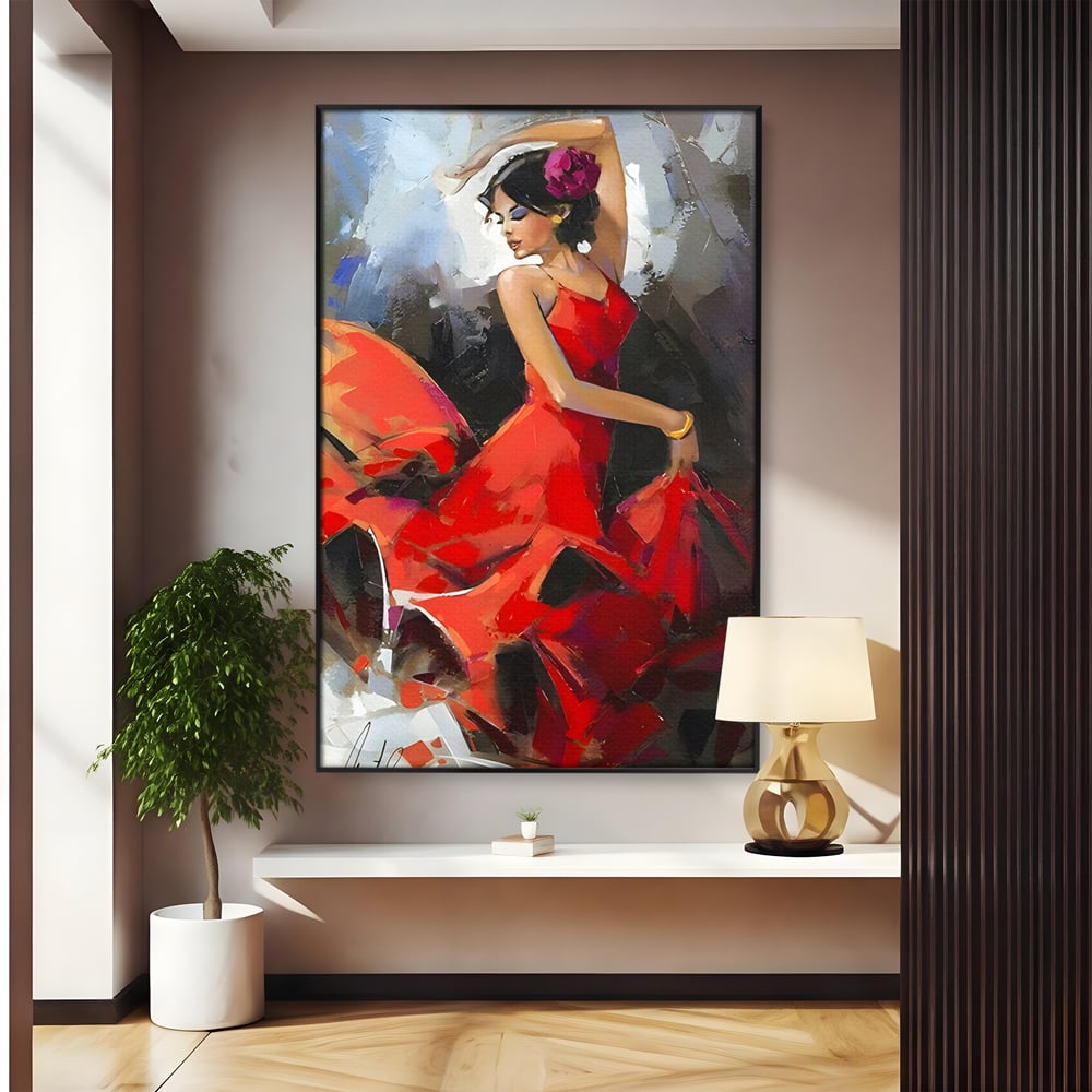 Tablou Canvas Premium LuxCanva® B1112, Dansul Unei Balerine In Rochie Rosie , Living, Balerina, Dansatoare, Scena, Balet, Arta, Dormitor, Dans, Culori Vibrante