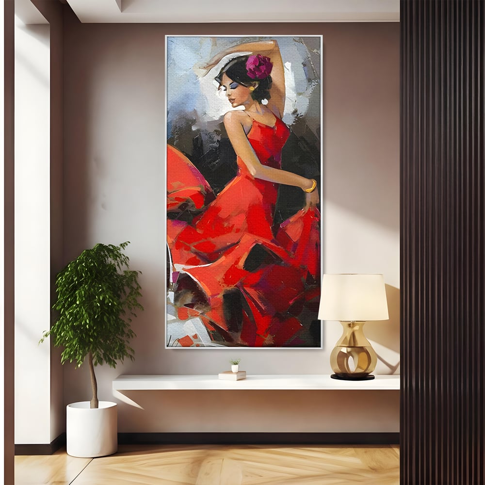 Tablou Canvas Premium LuxCanva® B1112, Dansul Unei Balerine In Rochie Rosie , Living, Balerina, Dansatoare, Scena, Balet, Arta, Dormitor, Dans, Culori Vibrante
