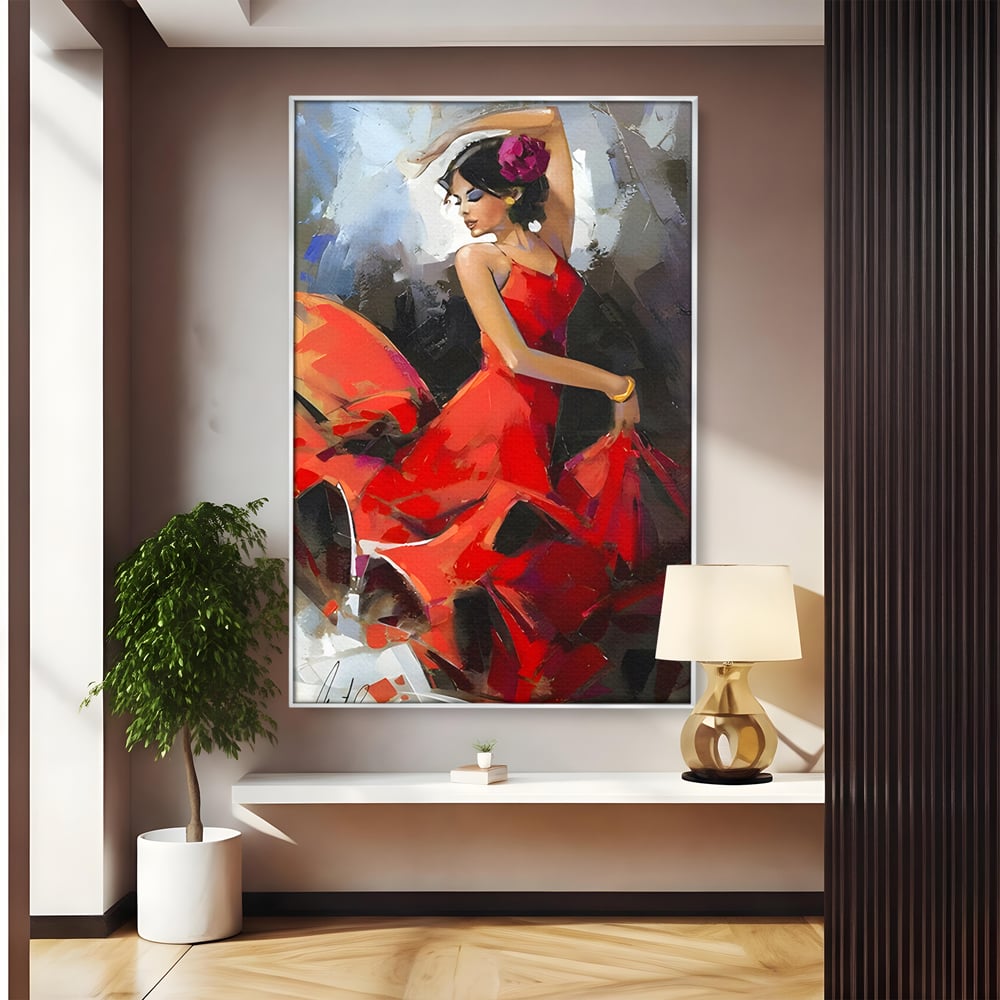 Tablou Canvas Premium LuxCanva® B1112, Dansul Unei Balerine In Rochie Rosie , Living, Balerina, Dansatoare, Scena, Balet, Arta, Dormitor, Dans, Culori Vibrante