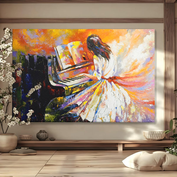 Tablou Canvas Premium LuxCanva® B1114, Fata Cantand La Pian , Muzica, Pian, Living, Portativ, Dormitor, Clape, Culori Vibrante