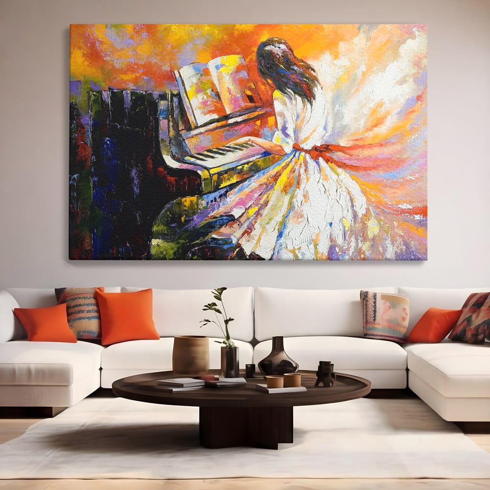 Tablou Canvas Premium LuxCanva® B1114, Fata Cantand La Pian , Muzica, Pian, Living, Portativ, Dormitor, Clape, Culori Vibrante