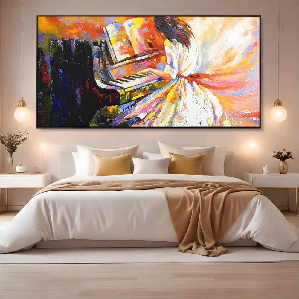 Tablou Canvas Premium LuxCanva® B1114, Fata Cantand La Pian , Muzica, Pian, Living, Portativ, Dormitor, Clape, Culori Vibrante